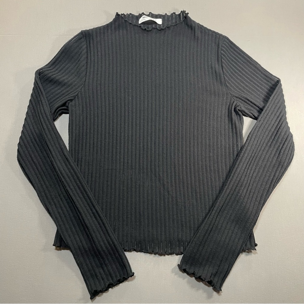 Project Social T Mock Neck Ribbed Long Sleeve Top, Black Lettuce Edge - Large